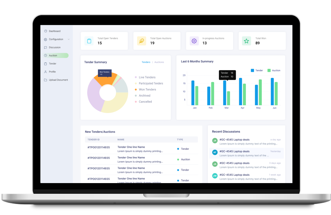 Tender and auction management platform interface screenshot